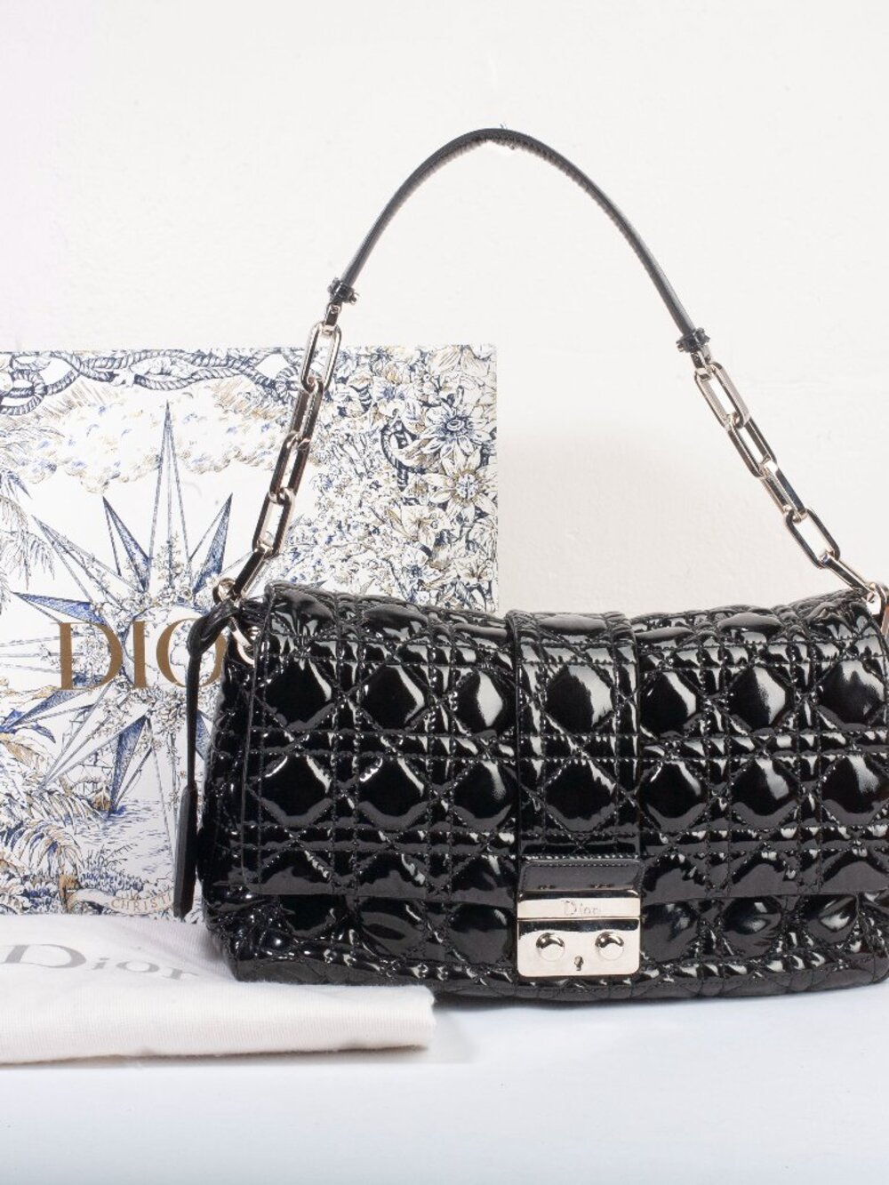 Authentic Christian Dior Patent Cannage New Lock Flap Black